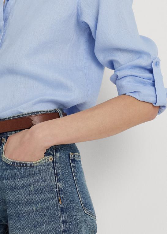 småsten blå Kvinder Ralph Lauren linned rulle skjorte med tabsærmer Z426B4051