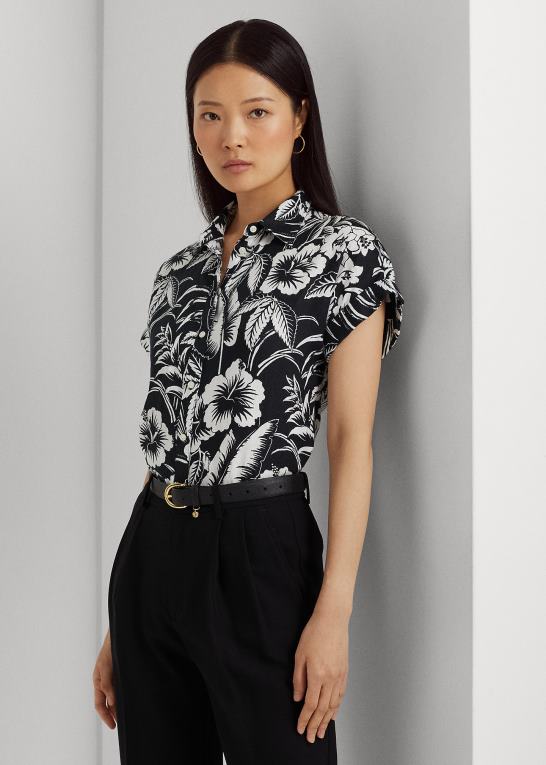 sort hvid Kvinder Ralph Lauren blomstret linned kortærmet skjorte Z426B3857