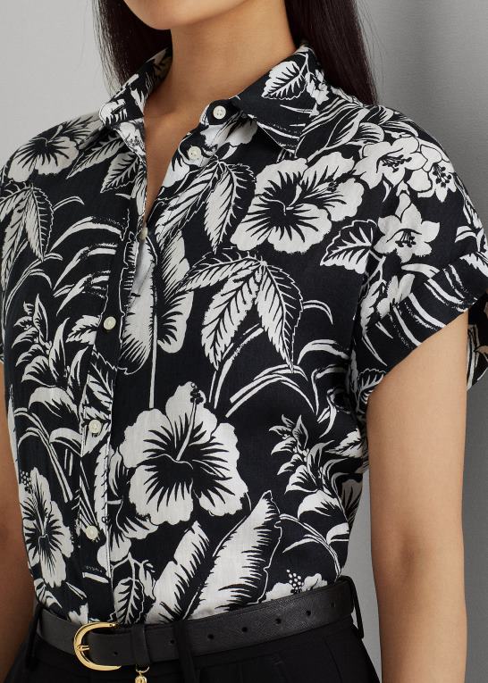 sort hvid Kvinder Ralph Lauren blomstret linned kortærmet skjorte Z426B4363