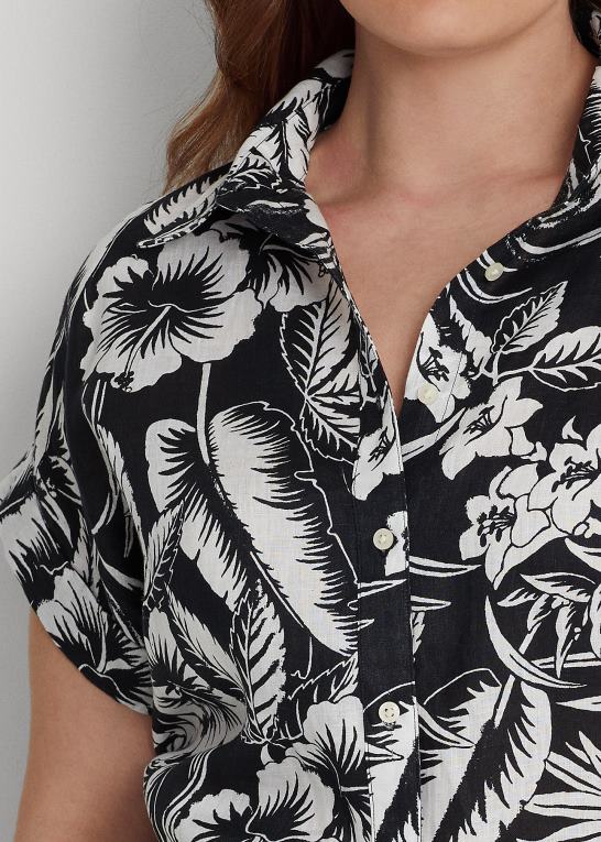sort hvid Kvinder Ralph Lauren blomstret linned kortærmet skjorte Z426B4528