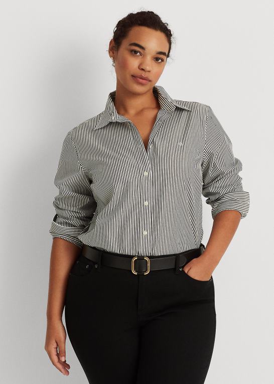 sort hvid Kvinder Ralph Lauren stribet letplejet bomuldsskjorte Z426B4726