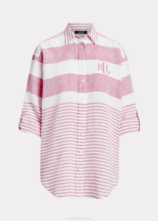 sport pink/hvid Kvinder Ralph Lauren stribet oversize hørskjorte Z426B3864