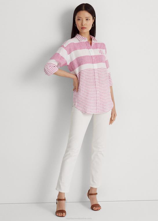 sport pink/hvid Kvinder Ralph Lauren stribet oversize hørskjorte Z426B3864