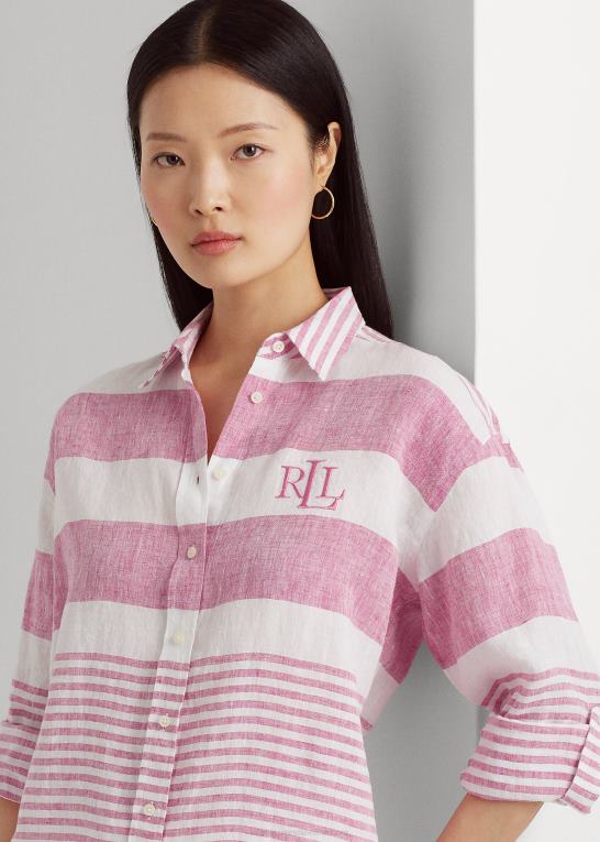 sport pink/hvid Kvinder Ralph Lauren stribet oversize hørskjorte Z426B3864