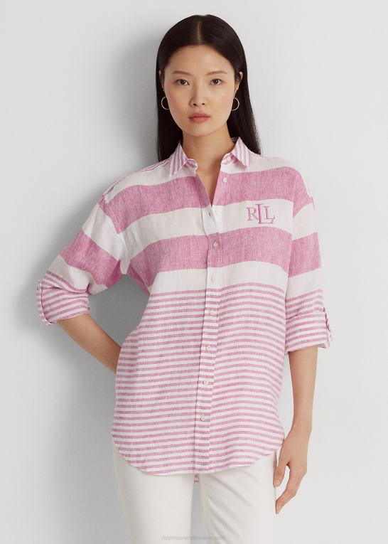 sport pink/hvid Kvinder Ralph Lauren stribet oversize hørskjorte Z426B3864