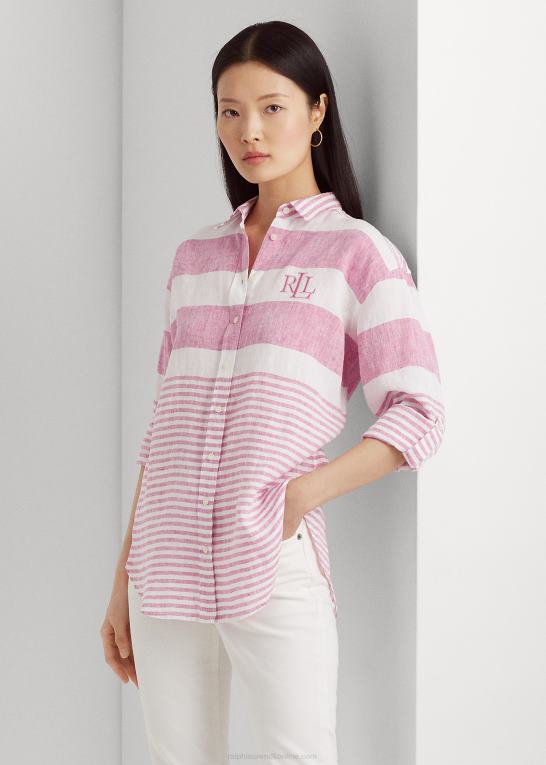 sport pink/hvid Kvinder Ralph Lauren stribet oversize hørskjorte Z426B4358