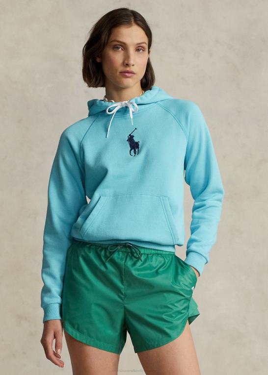 fransk turkis Kvinder Ralph Lauren krympet pasform stor pony fleece hættetrøje Z426B3117