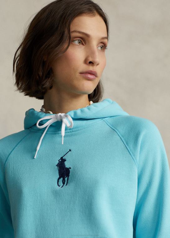 fransk turkis Kvinder Ralph Lauren krympet pasform stor pony fleece hættetrøje Z426B3117