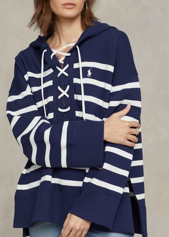 newport navy/hvid Kvinder Ralph Lauren stribet fleecetrøje med snøre Z426B3044