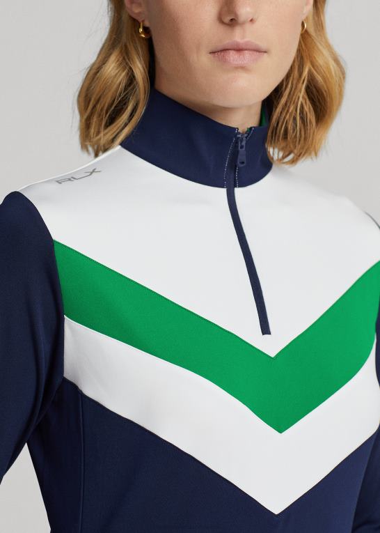 raffineret marine/cruisegrøn Kvinder Ralph Lauren chevron-stribet pullover med kvart lynlås Z426B3718
