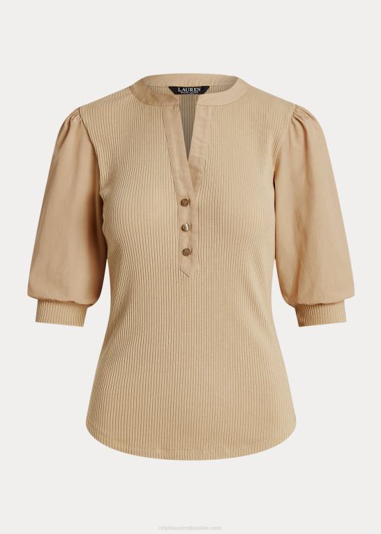 Kvinder Ralph Lauren puffærmet henley-t-shirt i bomuldsblanding Z426B4885
