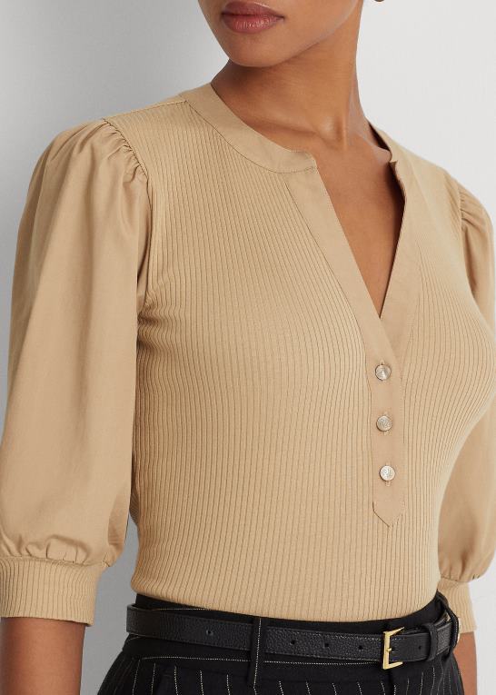 Kvinder Ralph Lauren puffærmet henley-t-shirt i bomuldsblanding Z426B4885