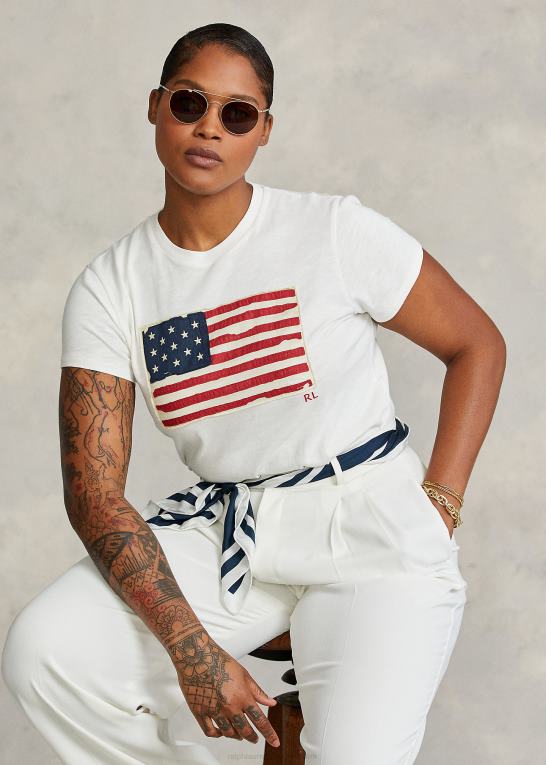 fløde Kvinder Ralph Lauren flag jersey grafisk t-shirt Z426B3356