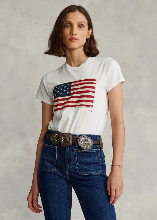 fløde Kvinder Ralph Lauren flag jersey grafisk t-shirt Z426B3356