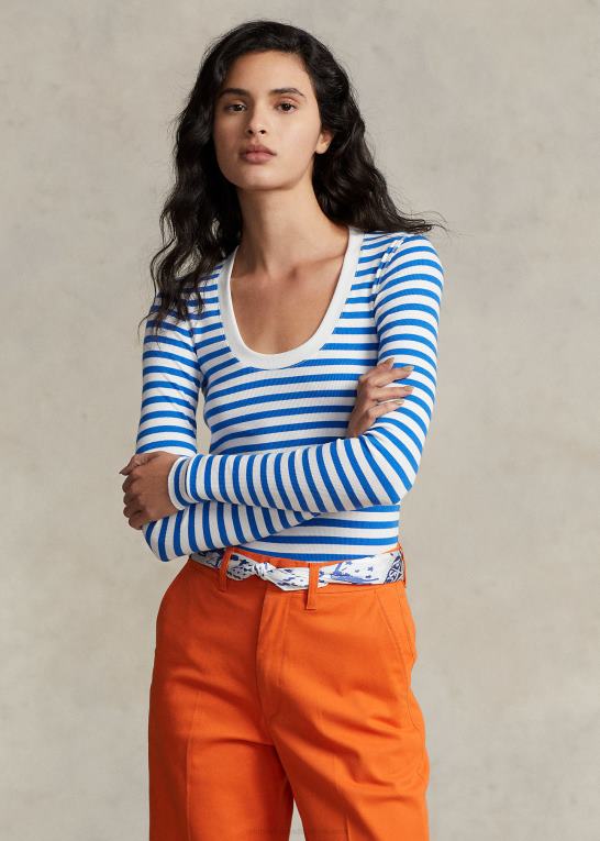 hvid/spa royal Kvinder Ralph Lauren stribet rib-t-shirt med scoopneck Z426B3055