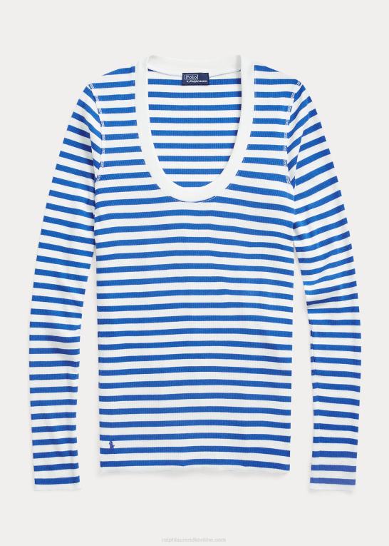 hvid/spa royal Kvinder Ralph Lauren stribet rib-t-shirt med scoopneck Z426B3055