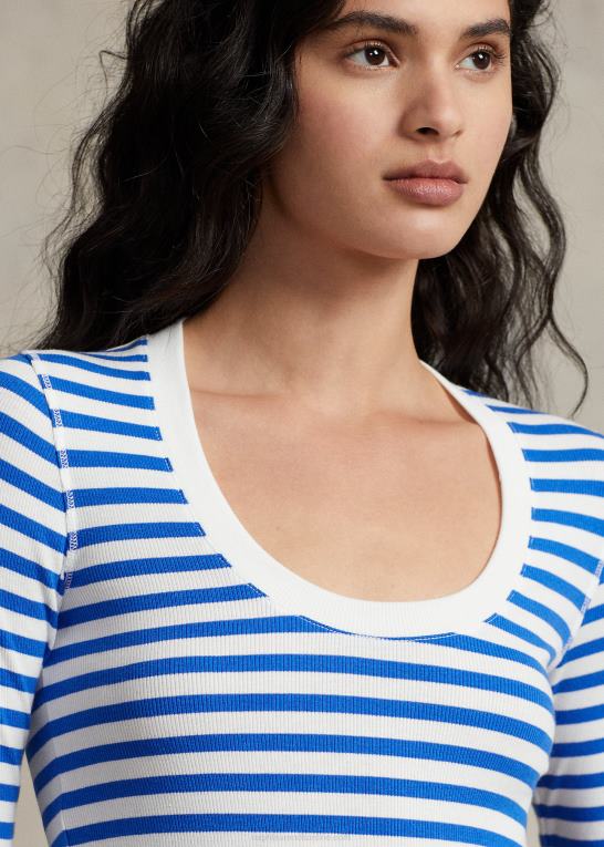 hvid/spa royal Kvinder Ralph Lauren stribet rib-t-shirt med scoopneck Z426B3055