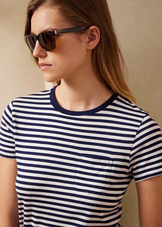 mørk marineblå/off white Kvinder Ralph Lauren stribet T-shirt med rund hals Z426B9131