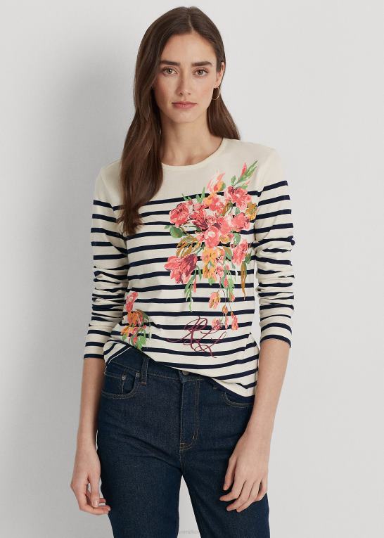 mascarpone creme/navy Kvinder Ralph Lauren blomstret og stribet langærmet jersey-t-shirt Z426B9468