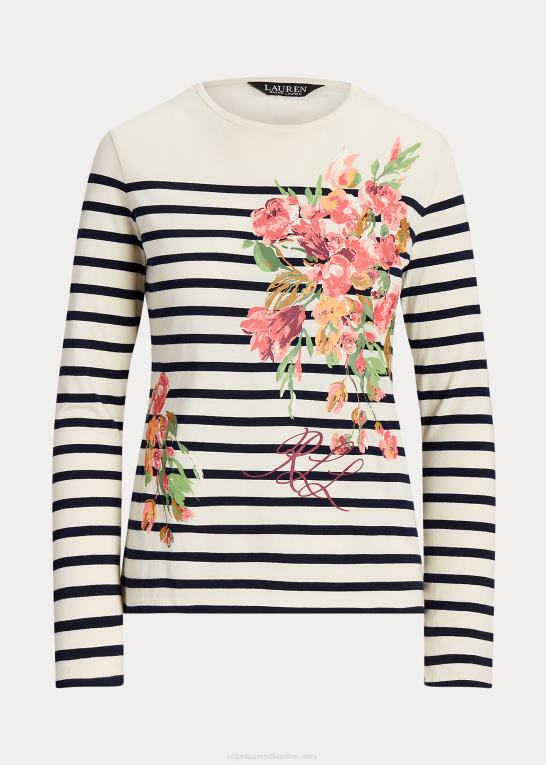 mascarpone creme/navy Kvinder Ralph Lauren blomstret og stribet langærmet jersey-t-shirt Z426B9468