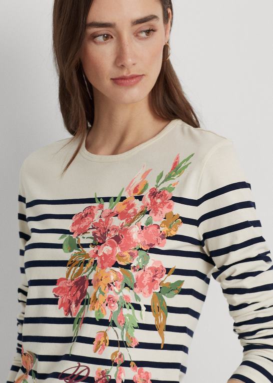 mascarpone creme/navy Kvinder Ralph Lauren blomstret og stribet langærmet jersey-t-shirt Z426B9468