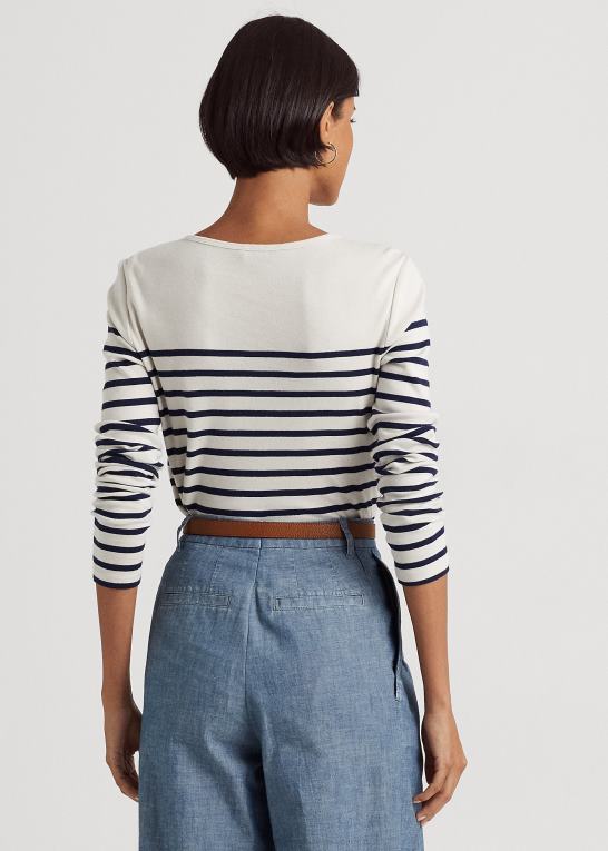 mascarpone creme/navy Kvinder Ralph Lauren stribet langærmet t-shirt i bomuld Z426B3958