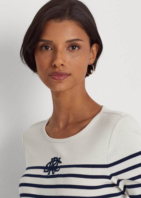 mascarpone creme/navy Kvinder Ralph Lauren stribet langærmet t-shirt i bomuld Z426B3958