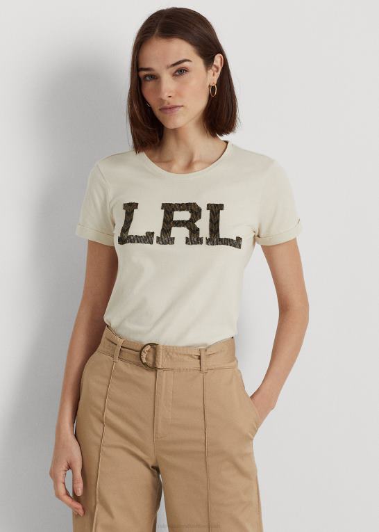 naturlig creme Kvinder Ralph Lauren jersey-t-shirt med perler og logo Z426B9511