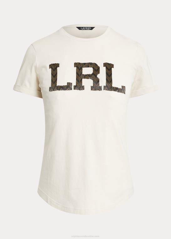 naturlig creme Kvinder Ralph Lauren jersey-t-shirt med perler og logo Z426B9511