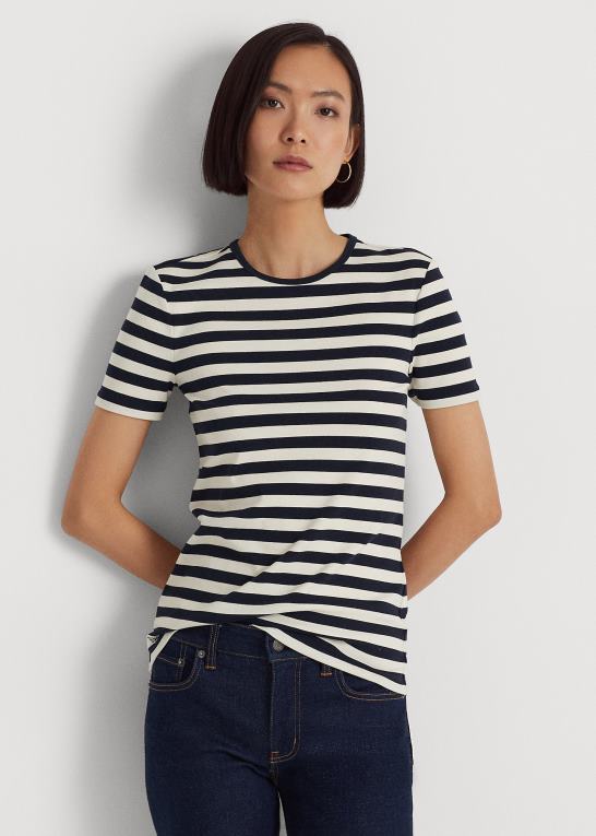 raffineret navy/creme Kvinder Ralph Lauren stribet t-shirt i bomuld i stretch Z426B3998