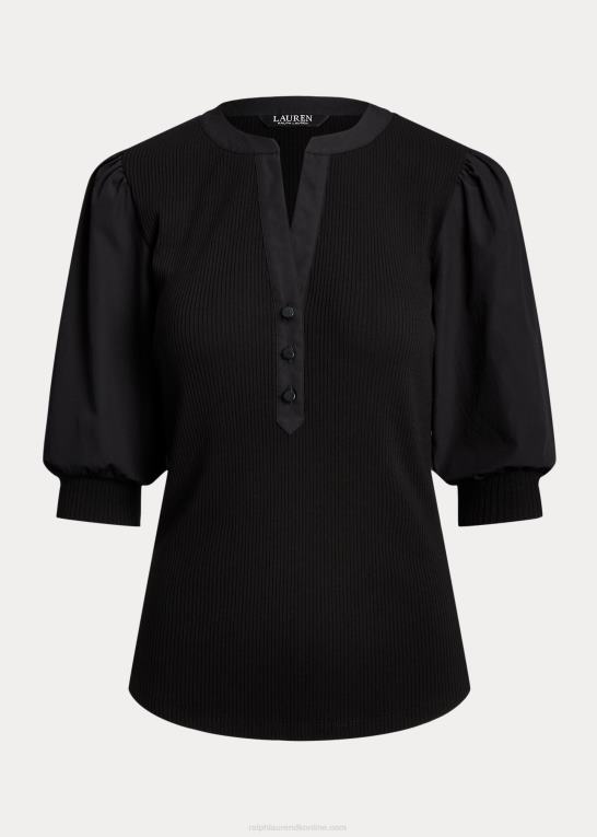 sort Kvinder Ralph Lauren puffærmet henley-t-shirt i bomuldsblanding Z426B9529