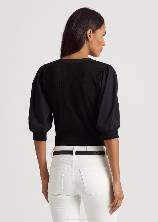 sort Kvinder Ralph Lauren puffærmet henley-t-shirt i bomuldsblanding Z426B9529