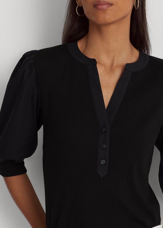 sort Kvinder Ralph Lauren puffærmet henley-t-shirt i bomuldsblanding Z426B9529