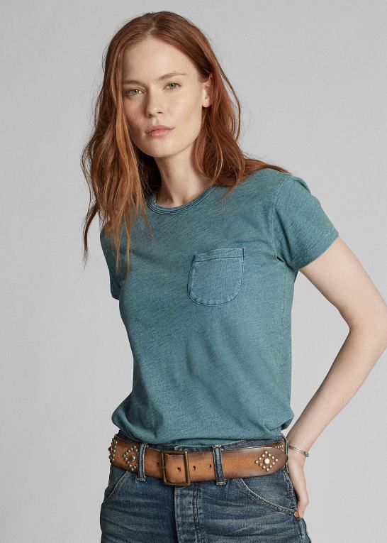 vasket blå indigo Kvinder Ralph Lauren t-shirt i bomuldslomme Z426B9378