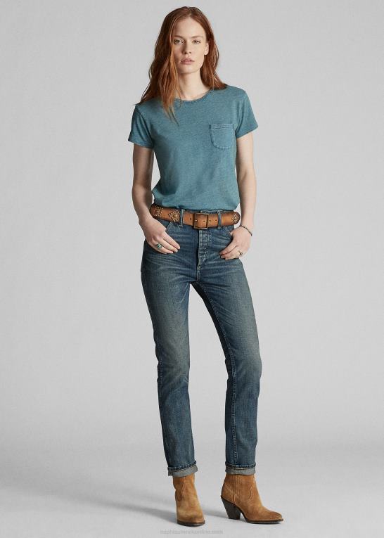 vasket blå indigo Kvinder Ralph Lauren t-shirt i bomuldslomme Z426B9378