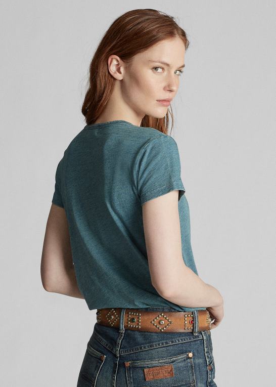 vasket blå indigo Kvinder Ralph Lauren t-shirt i bomuldslomme Z426B9378