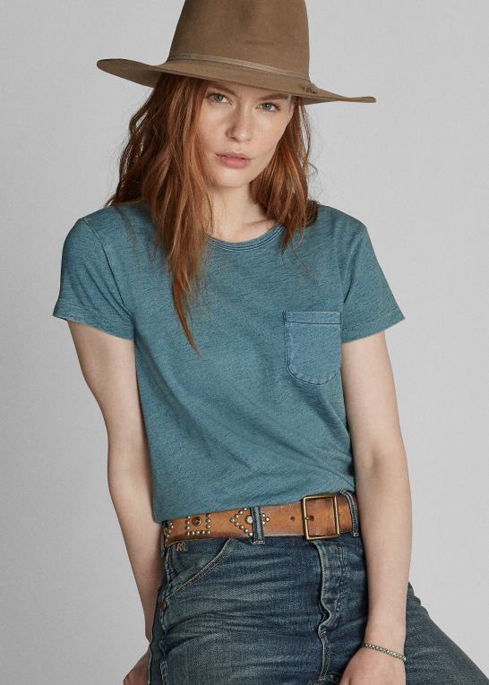 vasket blå indigo Kvinder Ralph Lauren t-shirt i bomuldslomme Z426B9378