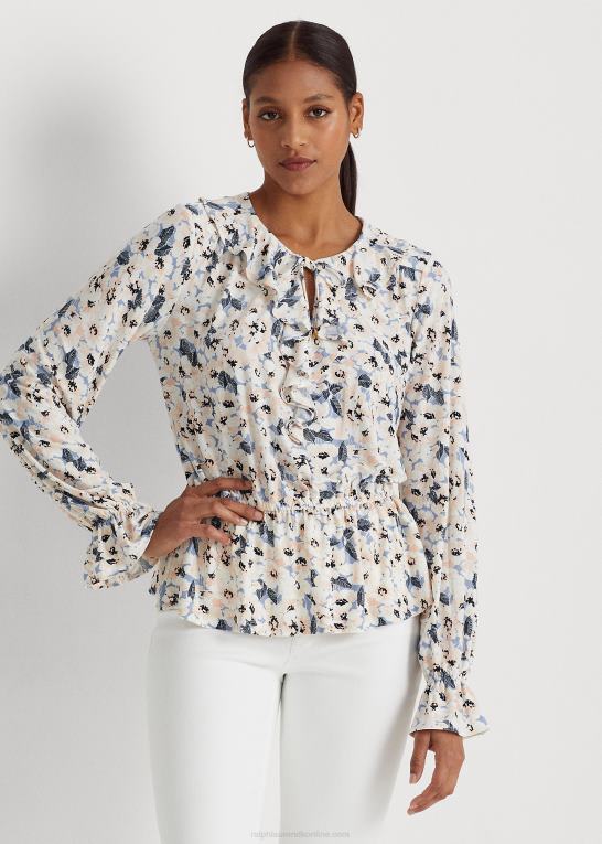 blå multi Kvinder Ralph Lauren blomstret jersey peplum top med bindeudskæring Z426B4102