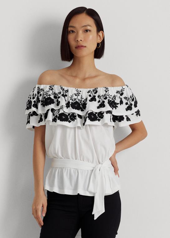 hvid sort Kvinder Ralph Lauren broderet jersey off-the-shoulder top Z426B3842