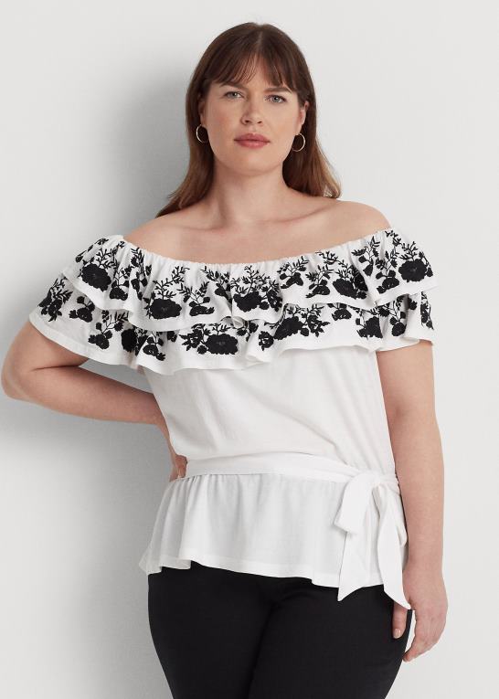 hvid sort Kvinder Ralph Lauren broderet jersey off-the-shoulder top Z426B4579