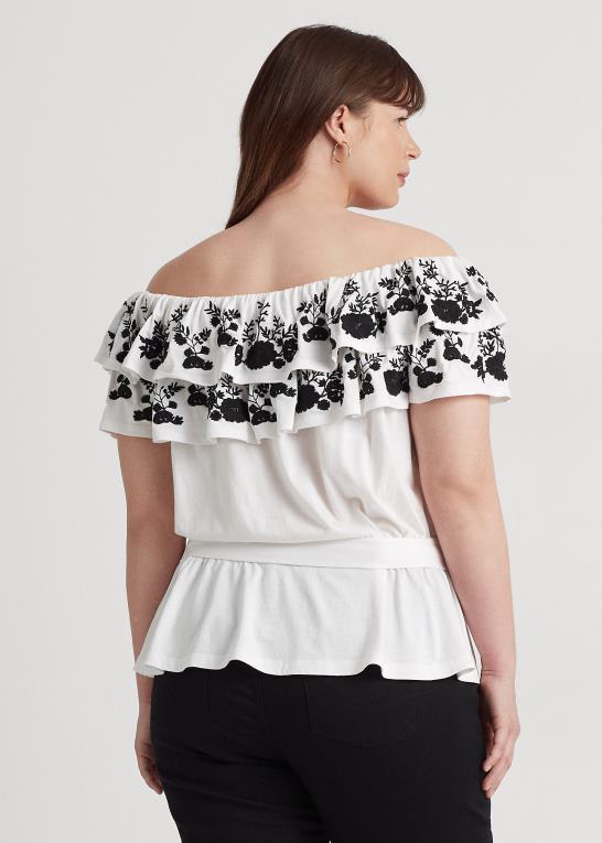 hvid sort Kvinder Ralph Lauren broderet jersey off-the-shoulder top Z426B4579