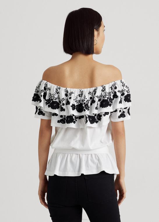 hvid sort Kvinder Ralph Lauren broderet jersey off-the-shoulder top Z426B9465