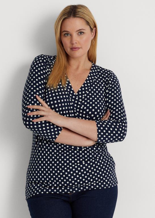 marineblå/creme Kvinder Ralph Lauren polkaprikket surplice jersey top Z426B4594