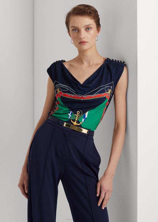 marineblå/grøn multi Kvinder Ralph Lauren ærmeløs top i jersey med cowl-hals Z426B4847