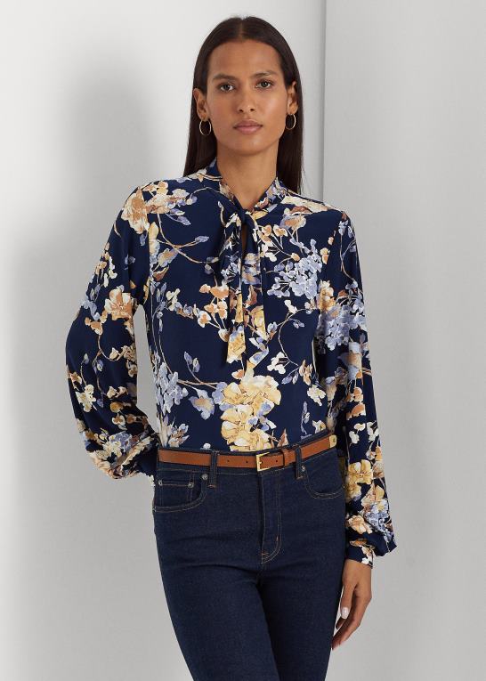 marineblå multi Kvinder Ralph Lauren blomstret jerseytop i stretch med bindeudskæring Z426B3992