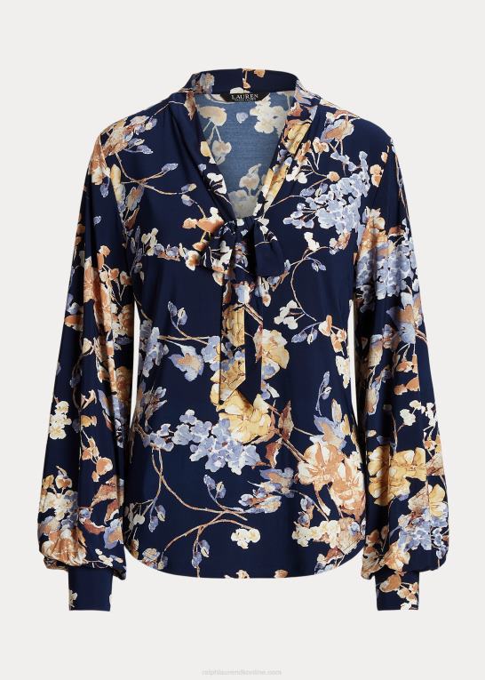 marineblå multi Kvinder Ralph Lauren blomstret jerseytop i stretch med bindeudskæring Z426B4392