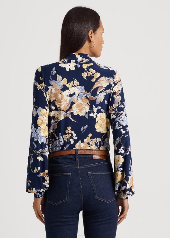 marineblå multi Kvinder Ralph Lauren blomstret jerseytop i stretch med bindeudskæring Z426B4392