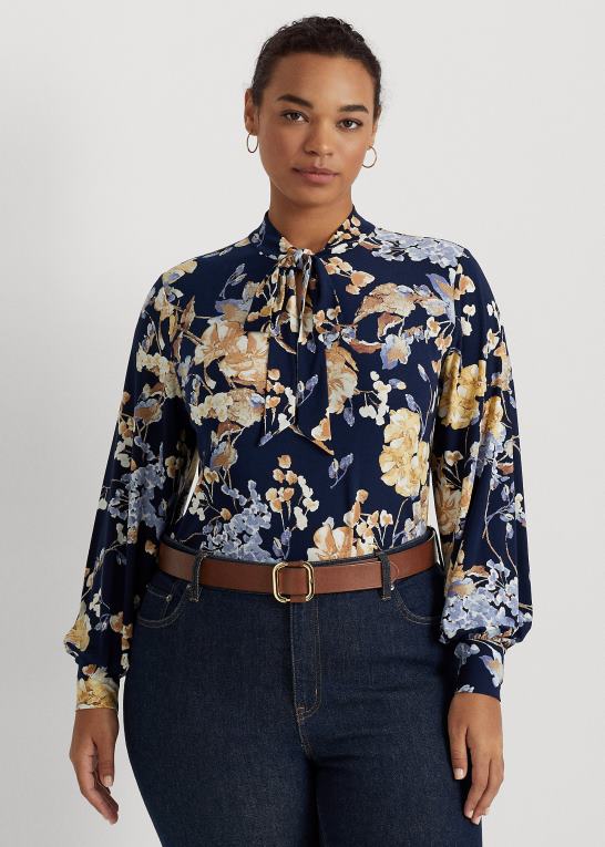marineblå multi Kvinder Ralph Lauren blomstret jerseytop i stretch med bindeudskæring Z426B4695