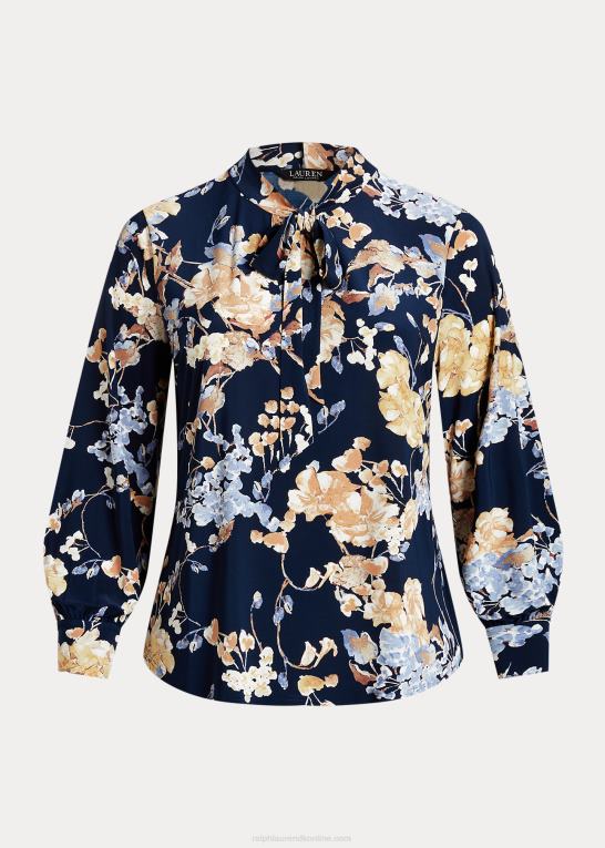 marineblå multi Kvinder Ralph Lauren blomstret jerseytop i stretch med bindeudskæring Z426B4695