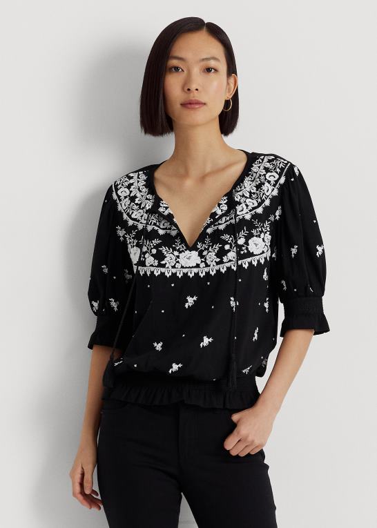 sort hvid Kvinder Ralph Lauren broderet jersey top med bindebånd Z426B3867